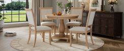 TREXM 5-Piece Retro Dining Set, Round Table with Pedestal Table Base and 4 Upholstered Chairs for Dining Room and Kitchen (Natural Wood Wash)