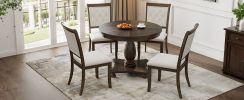 TREXM 5-Piece Retro Dining Set, Round Table with Pedestal Table Base and 4 Upholstered Chairs for Dining Room and Kitchen (Espresso)
