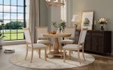 TREXM 5-Piece Retro Dining Set, Round Table with Pedestal Table Base and 4 Upholstered Chairs for Dining Room and Kitchen (Natural Wood Wash)