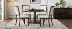 TREXM 5-Piece Retro Dining Set, Round Table with Pedestal Table Base and 4 Upholstered Chairs for Dining Room and Kitchen (Espresso)