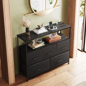 Coloured bedroom dresser with 5 fabric drawers, entertainment center with open shelves and 45" TV power outlets, vanity TV cabinet with closet storage (Four: black)