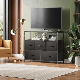 Coloured bedroom dresser with 5 fabric drawers, entertainment center with open shelves and 45" TV power outlets, vanity TV cabinet with closet storage (Four: grey)