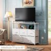 Coloured bedroom dresser with 5 fabric drawers, entertainment center with open shelves and 45" TV power outlets, vanity TV cabinet with closet storage