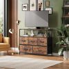 Coloured bedroom dresser with 5 fabric drawers, entertainment center with open shelves and 45" TV power outlets, vanity TV cabinet with closet storage